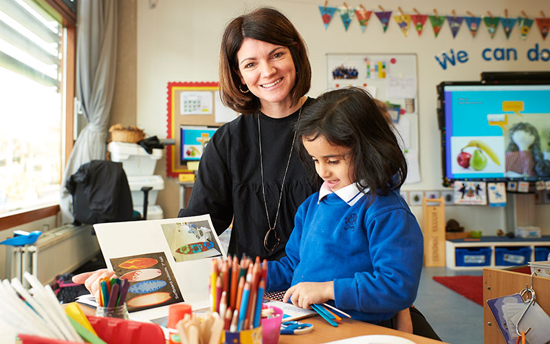 Primary school student looking at art with teacher